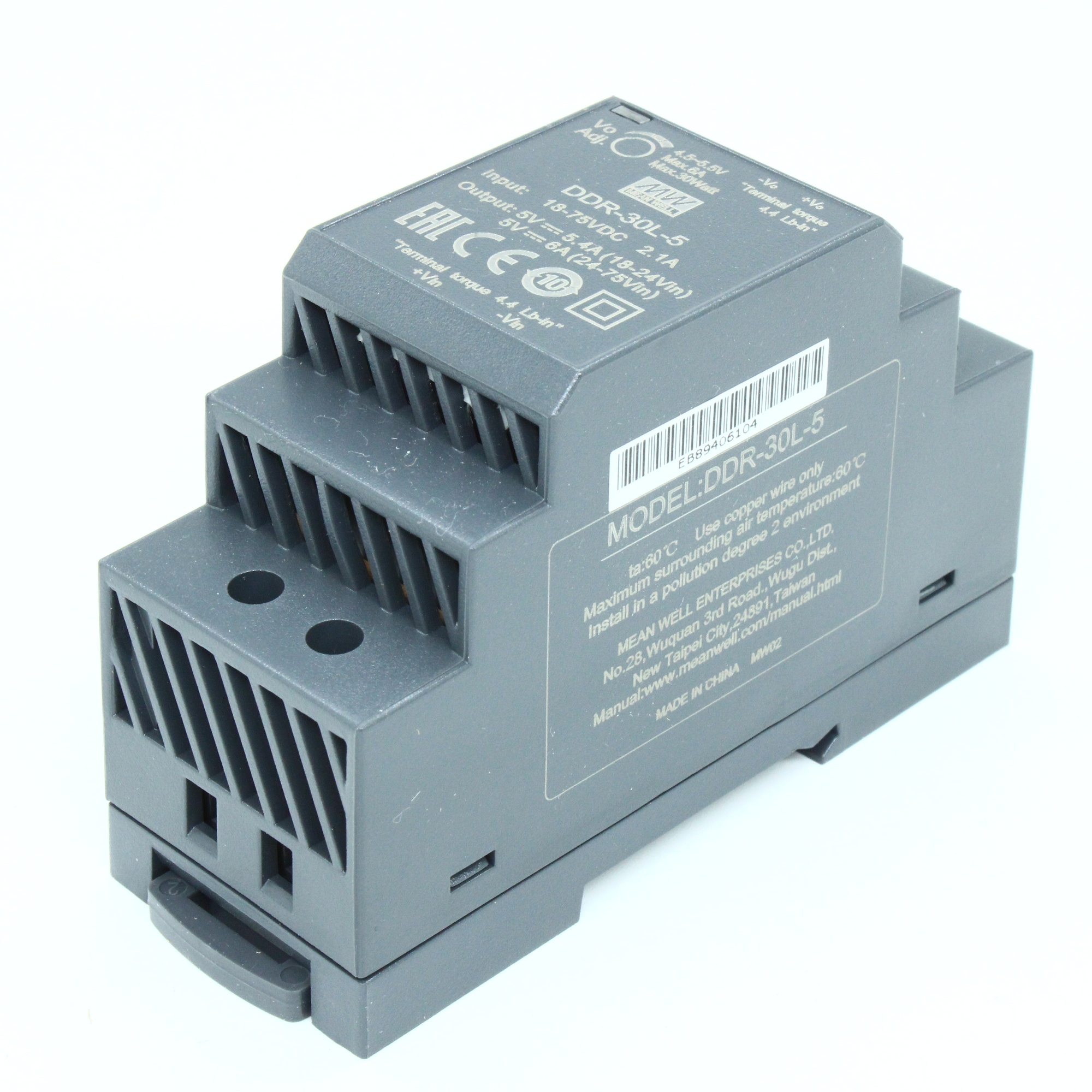 DDR-30L-5 - DC-DC, 30Вт, вход 18…75 В DC, выход 5В/6А, изоляция 4000В DC, в кожухе на DIN-рейку, 35х90х54.5мм, -40...+85°С