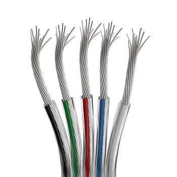 Шлейф питания ARL-22AWG-CLEAR-5Wire-CU 034967 - Шлейф для питания и управления RGBW светодиодными лентами. 5 проводников, калибр проводника 22AWG, сечение проводника 0.31 мм2, проводник из луженой меди, внешняя оболочка из прозрачного ПВХ. Длина кабеля в 