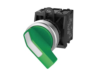 Селекторный переключатель (зеленый) TS2011-1BF20 - Переключатель, длинная ручка, 3-х позиционный, без самовозврата, с подсветкой, пластиковое переднее кольцо, без контактной группы, диаметр головки кнопки 29,5 мм, диаметр посадочного отверстия: 22 мм, цве