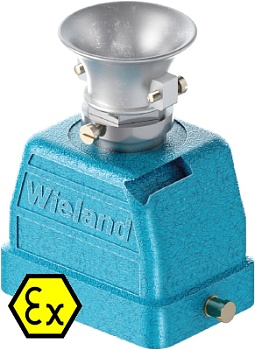 Крышка разъема Ex 70.352.0636.3 - Крышка разъема на кабель, типоразмер 6B, взрывозащищита, без уплотнителя, 1 кабельный ввод M20x1,5, с разгрузкой на изгиб, IP54, с верхним расположением, без защелки (упоры под одну защелку), материал корпуса: цинковый сп