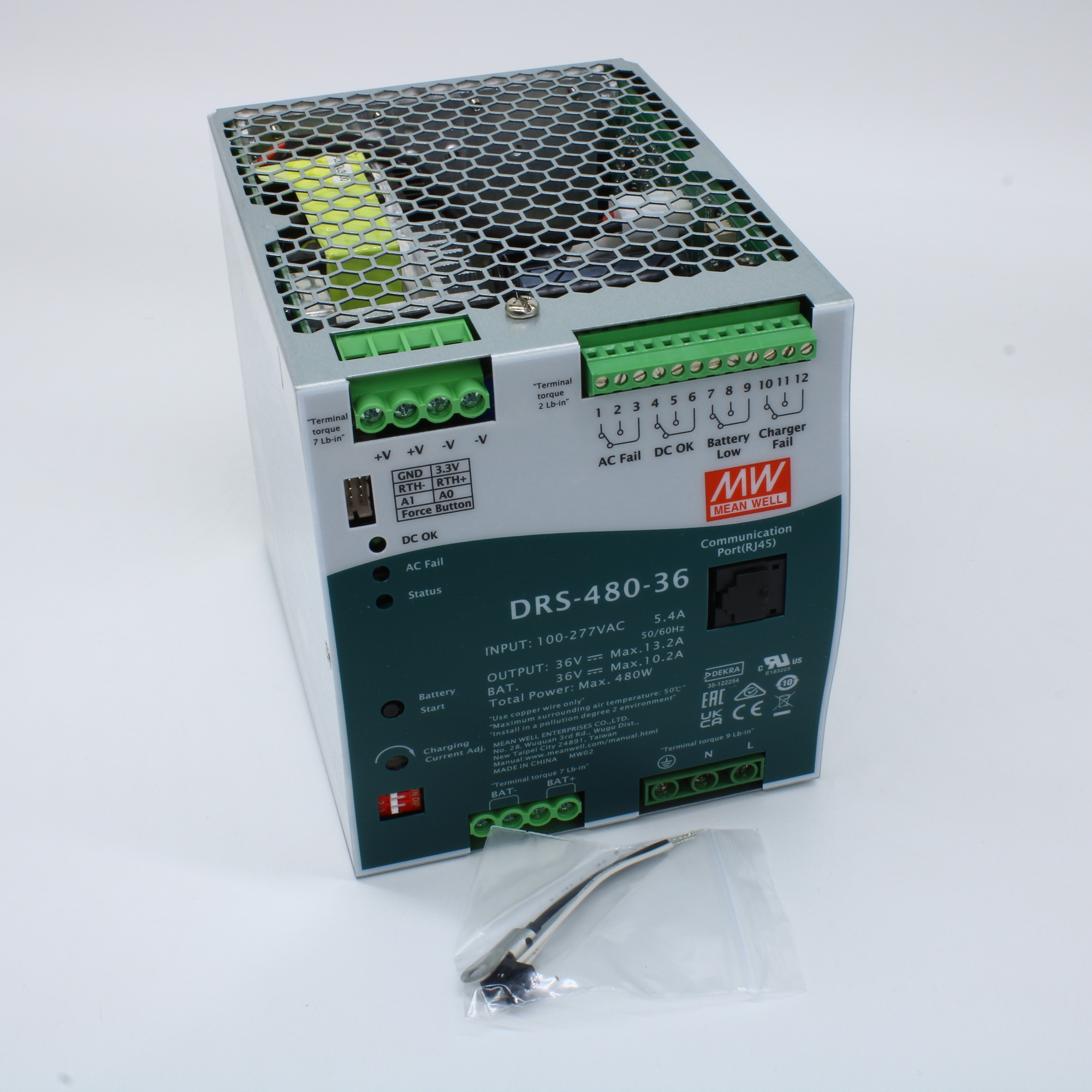 DRS-480-36 - AC-DC с функцией UPS, 480Вт, выход 36В/13.3A, вход 90…305В АС/127…431В DC, максимальный зарядный ток 10.2А, MODBus, изоляция 3000В АС, в корпусе 110х125.2х150.7мм, -30...+70°С