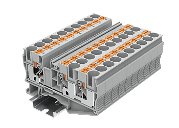 Проходная клемма TP10-3-GY - Проходная клемма, 3 точки подключения, тип фиксации провода: push-in, номинальное сечение: 10 мм кв., 57A, 1000V, ширина: 10,2 мм, цвет: серый, тип монтажа: DIN 35