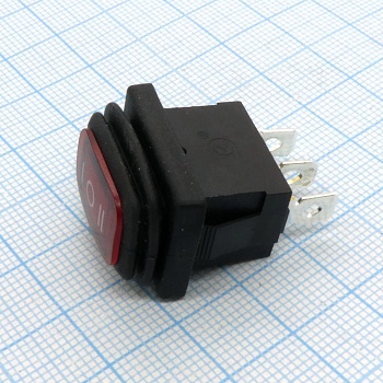 DS KCD1-103N-4 влагозащита - 2 положения клавиши, 1 группа замыкающих контактов, 250VAC 6A, ширина контакта 4.8мм, красная подсветка 220В, влагозащищенный, с нейтралью