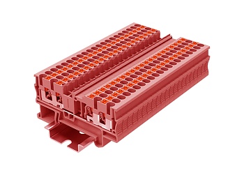 Проходная клемма TP2.5-4-RD - Проходная клемма, 4 точки подключения, push-in, номинальное сечение: 2,5 мм кв., 24A, 500V, ширина: 5,2 мм, цвет: красный, тип монтажа: DIN 35