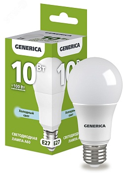 Лампа светодиодная A60 груша 10Вт 230В 6500К E27 GENERICA LL-A60-10-230-65-E27-G