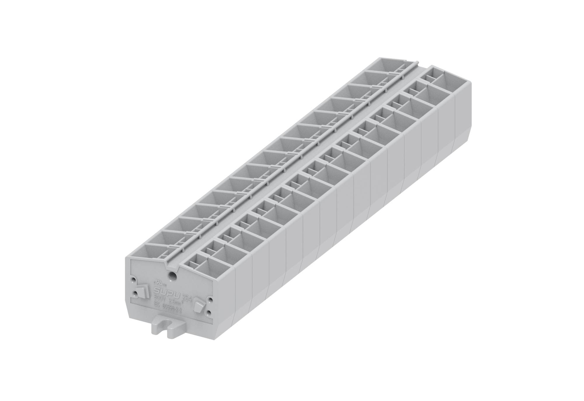 Клемма мини 254333 - Мини клемма, верхний подвод кабеля, 4 точки подключения в клемме, тип фиксации провода: пружинный, номинальное сечение: 2,5 мм кв., 24A, 800V, цвет: светло-серый, тип монтажа: монтажные фланцы
