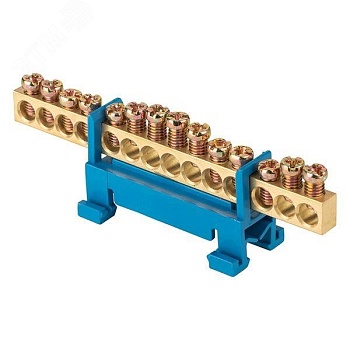 Шина "0" N (6х9мм) 14 отверстий латунь синий изолятор тип "Стойка" на DIN-рейку розничный стикер PROxima sn0-63-14-sb-r