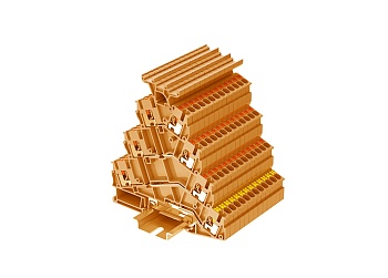 Этажная клемма TPFS2.5-2T-OG - Этажная клемма, с держателем маркировки, 3Х2+PE точек подключения, тип фиксации провода: push-in, номинальное сечение: 2,5 мм кв., 20A, 800V, ширина: 5,2 мм, цвет: оранжевый, тип монтажа: DIN 35