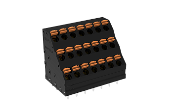 Розеточный разъем на плату MC-TTP5.0A30P-BK - Клемма, 3 этажа, 45 град., на плату, шаг: 5.0 мм, 10x3 полюсов, фиксация провода Push-In исполнение: стандартное, 320V, 17,5A, цвет: черный