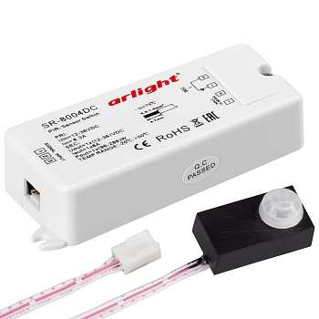 Датчик SR-8004-DC black (12-36V, 96-288W, PIR-Sensor) 020866 - ИК-выключатель, реагирует на движение, расстояние срабатывания до 3 м (время отключения 50с), для светодиодных лент. В комплекте - черный накладной датчик движения и блок управления 12/24/36V,