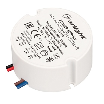 Блок питания ARJ-KE40700-PFC-TRIAC-R (28W, 700mA) 028270 - Диммируемый источник тока по стандарту TRIAC с гальванической развязкой для светильников и мощных светодиодов. Входное напряжение 220-240 VAC. Выходные параметры: 27-40 В, 700 mА, 28 Вт. Встроенны