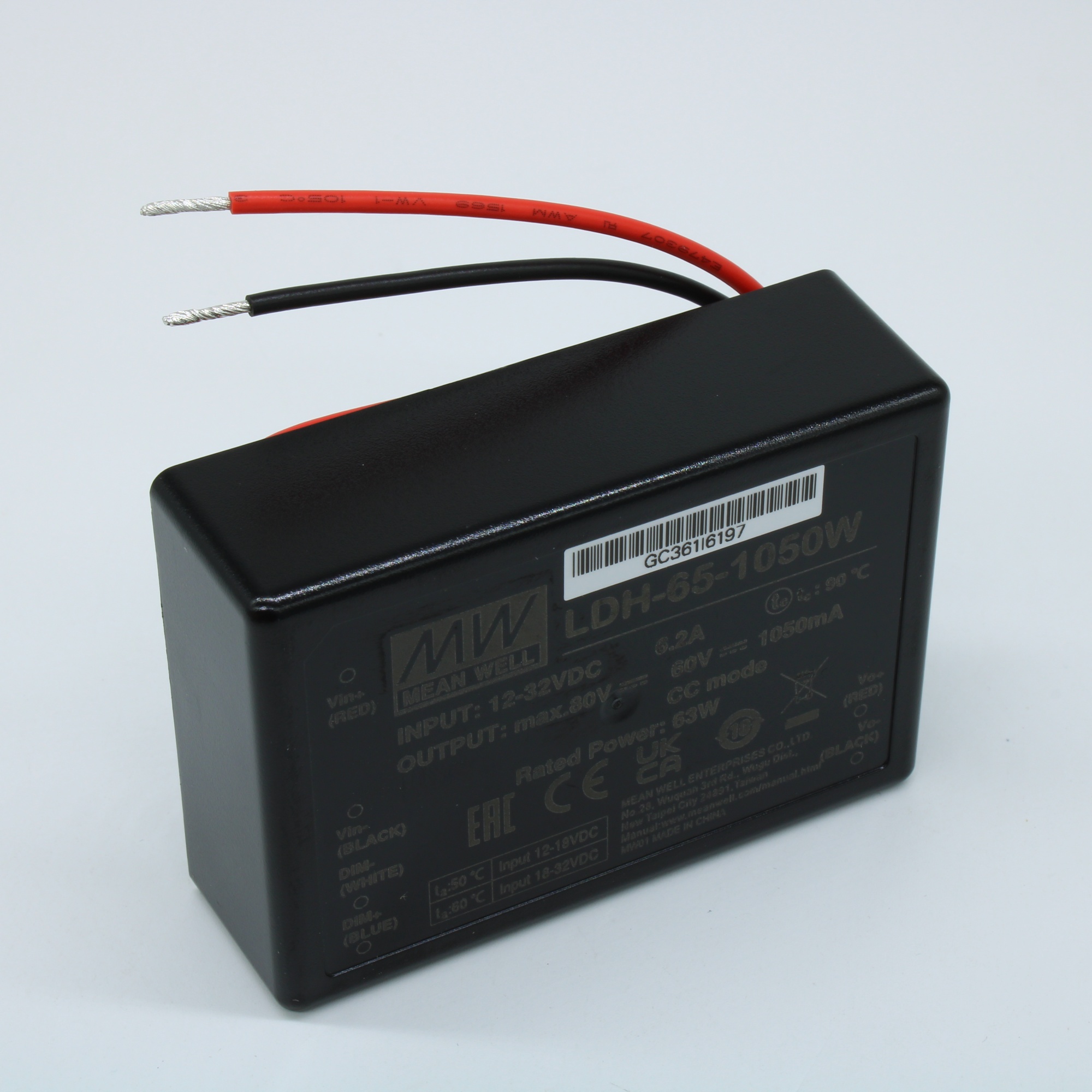 LDH-65-1050W - DC/DC LED повышающий, вход 9.5…32В, выход 12.5…60В/1.05А, КПД до 95.5%, DIMM, 75x53x22.7мм, проводные выводы, -40…50/60°C, пластик