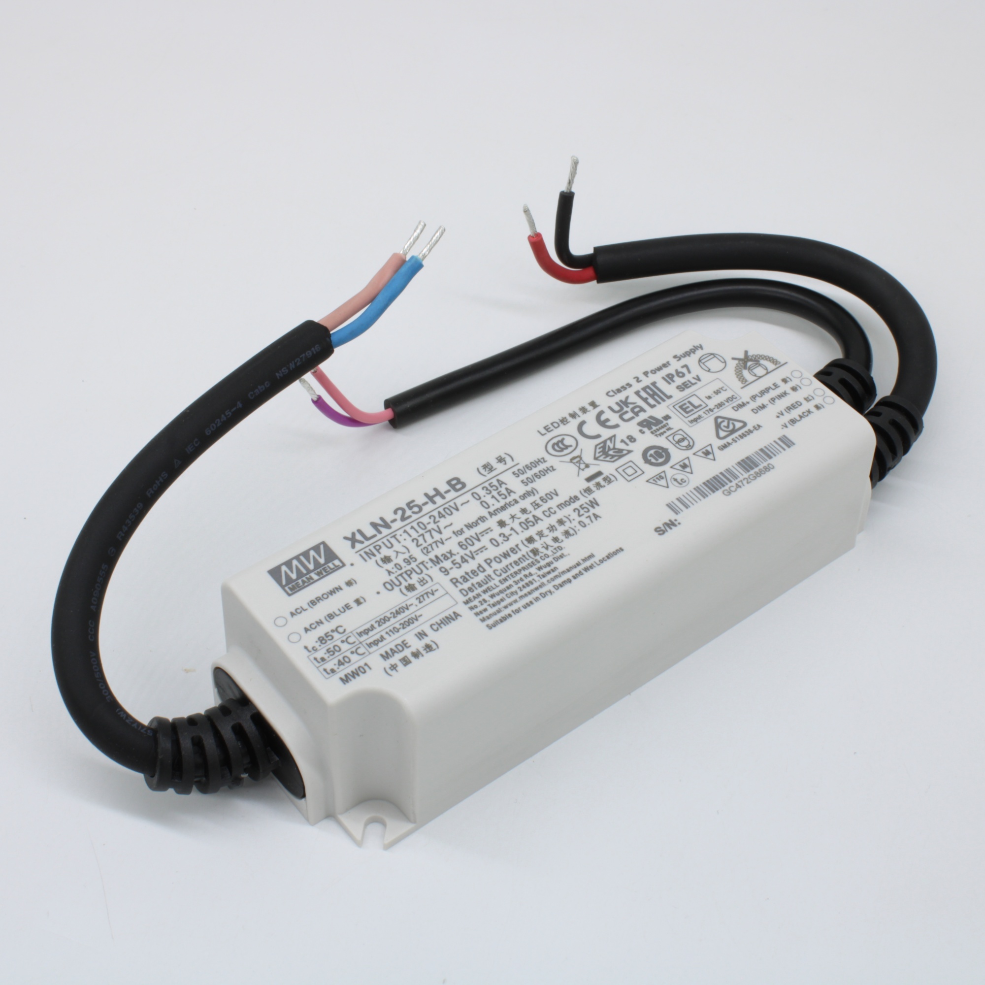 XLN-25-H-B - AC-DC LED-драйвер, CC, 25Вт, вход 100…305В AC, 47…63Гц, выход 700 (300…1050/NFC)мА/9…54В, изоляция 3750В AC, димминг 3 в 1, IP67, 114х44х32мм, -25…+85°С