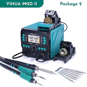 YIHUA992D-II PACKAGE 2 - Термовоздушная паяльная станция с двумя паяльниками и мини феном. Паяльники 716D с жалом C210 240Вт/ 616D с жалом C245 290Вт, фен Q208S, температура фена 90-480°С, в комплекте насадки и дополнительные жала