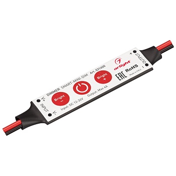 Диммер SMART-MINI-DIM (12-24V, 1x4A) 031600 - Миниатюрный диммер для монохромной светодиодной ленты (ШИМ). Питание/рабочее напряжение 12-24VDC, максимальный ток 4A на канал, 1 канал, максимальная мощность 49-96W. Габариты 60x12.5x5 мм. Управление кнопками