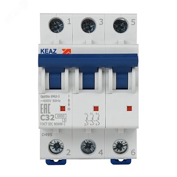 Выключатель автоматический модульный 3п C 32А 6кА OptiDin BM63-3C32-УХЛ3 КЭАЗ 260796