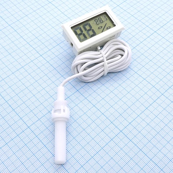 Термогигрометр с выносным датчиком - Диапазон измерения отн.влажности: 10% RH - 95% RH; температуры: от -50 °C до + 70 °C; питание: 2 х 1,5 В LR44 батареи; длина кабеля 140см