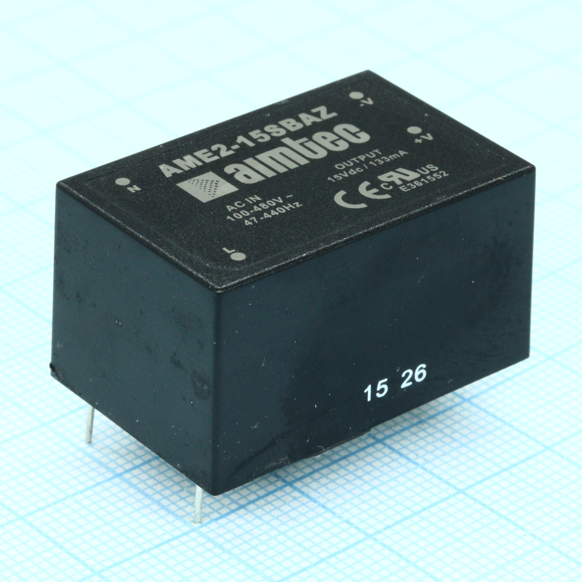 AME2-15SBAZ - AC/DC, 2Вт, вход 90…528В, выход 15В/0.133А, изоляция 3000В AC, КПД 65%,максимальная емкостная нагрузка не более 560мкФ, 35.6x23.31x19.32мм, -40…70°C, пластик
