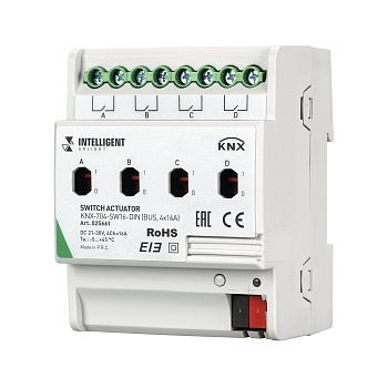 INTELLIGENT ARLIGHT Релейный модуль KNX-704-SW16-DIN (BUS, 4x16A) 025661 - Релейный модуль 4-х канальный для KNX систем. Установка на DIN рейку. Возможность ручного управления. Напряжение питания DC 21-30V от шины данных. Максимальный коммутируемый ток - 