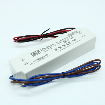 LPV-60-48 - AC-DC, 60Вт, IP67, вход 90…264В AC, выход 48В/1,25А,изоляция 3000В AC, в кожухе 162х42х30мм, -30…+70°С