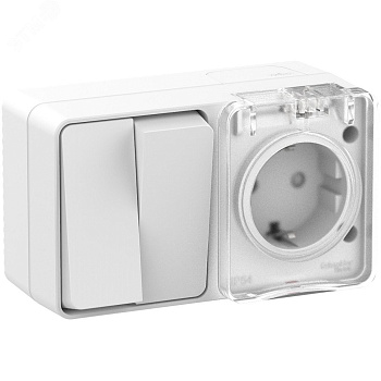 Блок ОП AtlasDesign Profi54 (розетка 16А 250В с заземл. защ. шторки + 2-кл. выкл. 10А) IP54 бел. SE ATN540174