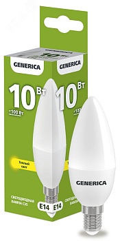 Лампа светодиодная C35 свеча 10Вт 230В 3000К E14 GENERICA LL-C35-10-230-30-E14-G