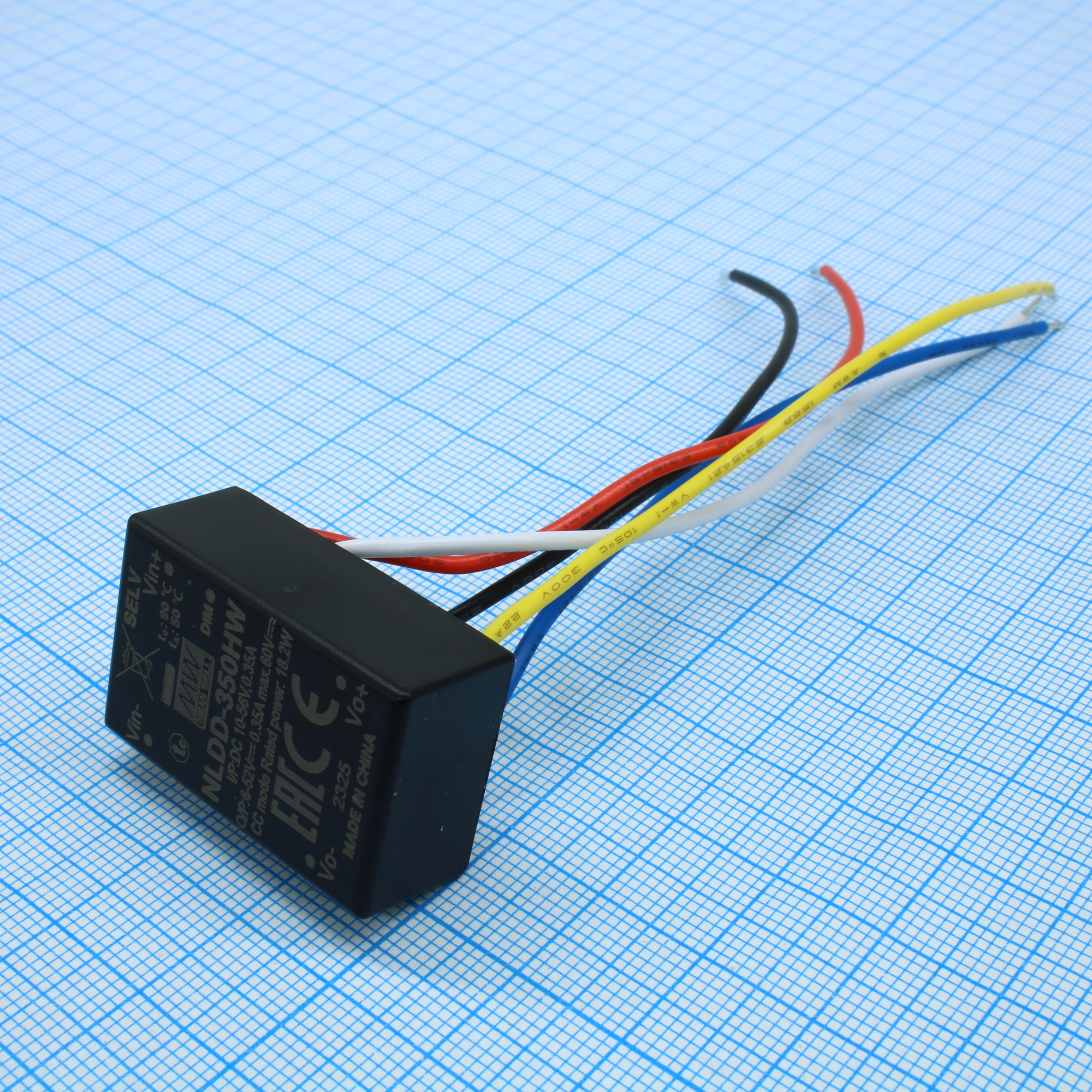 NLDD-350HW - DC/DC LED понижающий, вход 10…56В, выход 6…52В/0.35А, КПД до 96%, вход On/Off/DIMM, 32.1x20.5x12.5мм, проводные выводы, -40…50°C, пластик