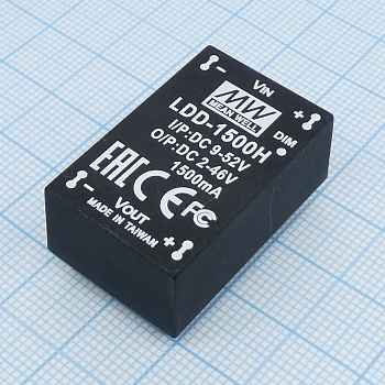 LDD-1500H - DC/DC LED понижающий, вход 9…52В, выход 2…46В/1.5А, КПД до 97%, вход On/Off/DIMM, 31.8x20.3x12.2мм, DIP, -40…65°C, пластик