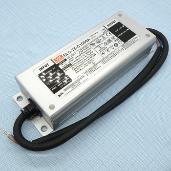 ELG-75-C1050A - AC-DC, 74.6Вт, IP65, вход 100…305В AC, 47…63Гц/142…431В DC, ККМ, выход 35…71В/1050мА, изоляция 3750В AC, в кожухе 180х63х35.5, -40…+85°С (корпус), рег. выхода