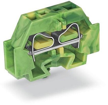 Клемма мини 242317 - Мини клемма, боковой подвод кабеля, 2 точки подключения в клемме, тип фиксации провода: пружинный, номинальное сечение: 4 мм кв., 24A, 630V, цвет: желто-зеленый, тип монтажа: защелки в панель