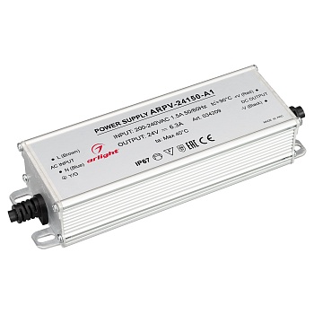 Блок питания ARPV-24150-A1 (24V, 6.25A, 150W) 034209 - Источник напряжения с гальванической развязкой для светодиодных изделий. Входное напряжение 200-240 VAC. Выходные параметры: 24 В, 6.25 А, 150 Вт. Встроенный PFC >0.5. Герметичный алюминиевый корпус I