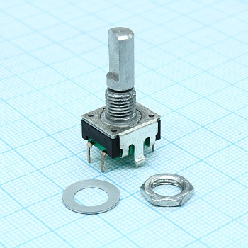 PEC11R-4220F-S0012 - Энкодер PEC11, 24 щелчка, 12 импульсов, металлический вал с лыской 20мм, с кнопкой, горизонтальные выводы,крепление на гайку 7мм