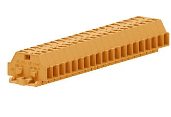 Клемма мини 241302 - Мини клемма, боковой подвод кабеля, 2 точки подключения в клемме, тип фиксации провода: пружинный, номинальное сечение: 2,5 мм кв., 24A, 500V, цвет: оранжевый, тип монтажа: монтажные фланцы