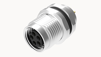 Розеточный разъем SP-M8A-04P-FF-SF7001 - Розеточный разъем в панель, 4 полюса, M8, гайка спереди, монтаж на плату, 180 град., A-Code, 3A, 60V, M10*0.75, металл