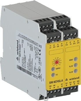 Реле безопасности SNV4074SL-A 30S DC 24V - SNV4074SL-A 30S.DC 24V.одноканальное или двухканальное управление, автоматический/ручной сброс с контролем переключателя сброса, 2 цепи тока с немедленным переключением, 2 цепи включения с задержкой выключения, н