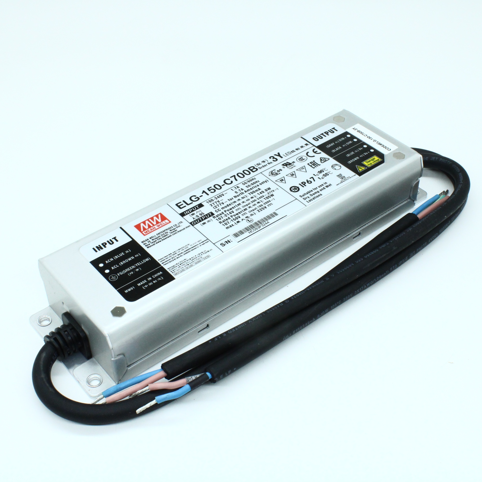ELG-150-C700B-3Y - AC-DC, 149.8Вт, IP67, вход 100…305В AC, 47…63Гц/142…431В DC, ККМ, выход 107…214В/700мА, димминг 3 в 1, изоляция 3750В AC, в кожухе 219х63х35.5, -40…+70°С, провод заземления