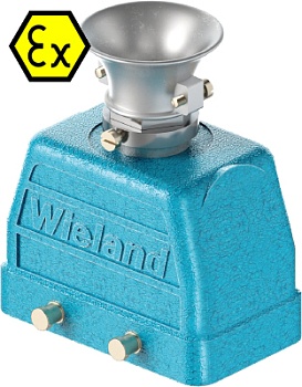 Крышка разъема Ex 70.354.1036.3 - Крышка разъема на кабель, типоразмер 10B, взрывозащищита, без уплотнителя, 1 кабельный ввод M25x1,5, с разгрузкой на изгиб, IP54, с верхним расположением, без защелок (упоры для двух защелок), материал корпуса: цинковый с