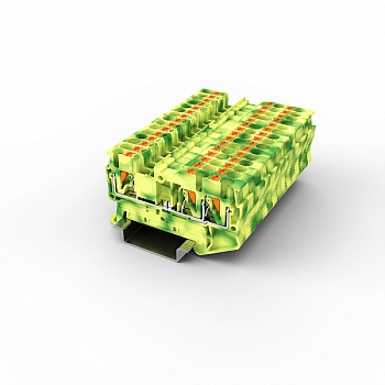 Заземляющая клемма UPT-2.5/1-2PE - Заземляющая клемма, 3 точки подключения, тип фиксации провода: Push-in, номинальное сечение: 2,5 мм кв., 800V, ширина: 5,2 мм, цвет: желто-зеленый, тип монтажа: DIN35