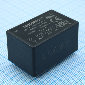 LD10-23B05R2 - AC-DC, 10Вт, вход 85…305В AC 47…63 Гц, 100…430B DC, выход 5В/2А, изоляция 4000В AC, КПД 79%, в корпусе на плату 40х25.4х21мм, -40...+85°C