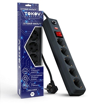 Удлинитель с сетевым фильтром 5х5м с заземл. с выкл. 16А с защ. от скачков напр. и перегрузок 3х1 сер. TKE-C06-SF5-5-ZV - Удлинитель с сетевым фильтром, заземлением, выключателем и защитой