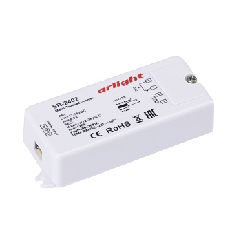 Диммер SR-2402 (12-36V, 96-288W, Metal-Touch) 014041 - Диммер с датчиком прикосновения (мет. кольцо). Питание/рабочее напряжение DC 12-36 В, максимальный ток 8 A на канал, 1 канал, максимальная мощность 96-288 Вт. Диммирование при прикосновении рукой (4 у