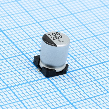 ELV101M25RC8 - Конденсатор алюминиевый электролитический 100мкФ 25В ±20% (6.3х7.7мм) для поверхностного монтажа 109мА 2000час 85°С лента на катушке