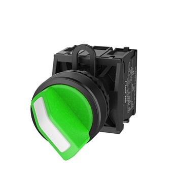 Селекторный переключатель (зеленый) TS2011-1AC20 - Переключатель, короткая ручка, 3-х позиционный, пружинный самовозврат из 2 положений, с подсветкой, пластиковое переднее кольцо, без контактной группы, диаметр головки кнопки 29,5 мм, диаметр посадочного 