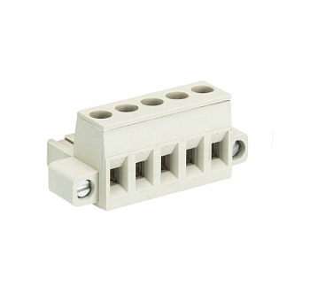 Розетка Wiecon 8213 B / 5 F OB - Розеточный разъем, угловой, на кабель, с монтажными фланцами, шаг 5,08 мм, 5 полюсов, номинальное сечение: 2,5 мм кв., винтовая фиксация провода, 400V, 12А, без маркировки, цвет: серый, серия 8213 F OB