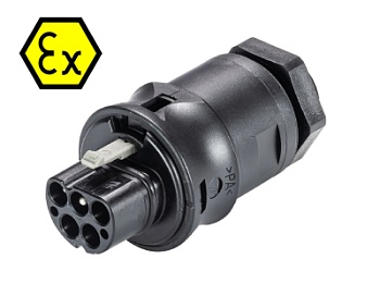 Разъем RST20I5SXS1 M00V SW - Взрывозащищенный вилочный разъем в панель, М20, IP68(69k), 5 полюсов, винтовая фиксация провода, номинальные характеристики: 250/400V, 20A, цвет: черный, серия RST Ex