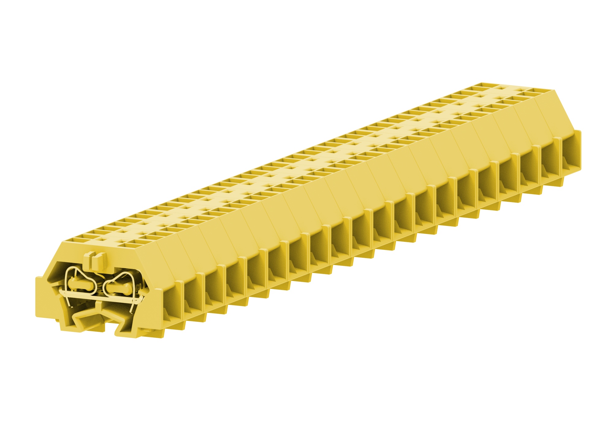 Клемма мини 240355 - Мини клемма, боковой подвод кабеля, 4 точки подключения в клемме, тип фиксации провода: пружинный, номинальное сечение: 1,5 мм кв., 18A, 400V, цвет: желтый, тип монтажа: DIN15