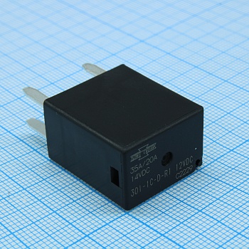 301-1C-D-R1 12VDC - Реле автомобильное. Упр.: 12VDC, Потр. мощн.: 1.2W. Резистор 680Ом, Комм.:35А 14VDC, конт.: 1 перекидной, размер (LxWxH) мм: 22.5 х 15.0 х 25.0