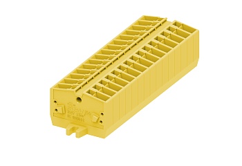 Клемма мини 254305 - Мини клемма, верхний подвод кабеля, 2 точки подключения в клемме, тип фиксации провода: пружинный, номинальное сечение: 2,5 мм кв., 24A, 800V, цвет: желтый, тип монтажа: монтажные фланцы