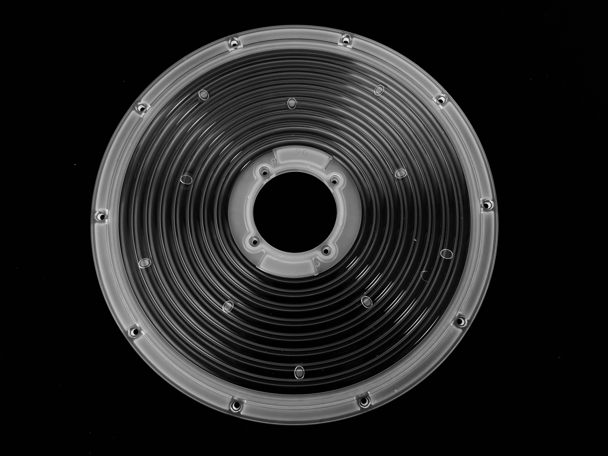 UFO265D60G-200W-K56 - Круглая групповая линза под светодиоды 2835, 3030  D=265mm H=7,69mm  эфф=88%   60°, PC-1250Z  (с отверстием посередине)