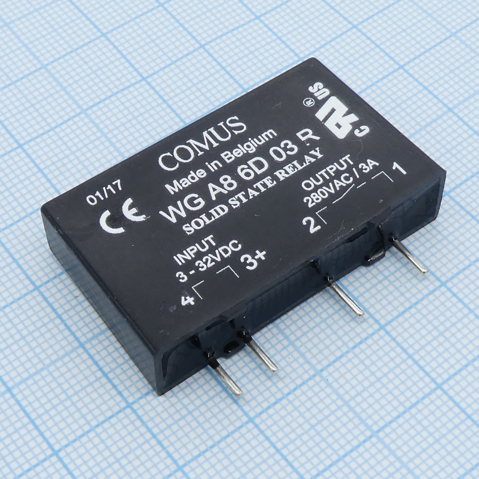 WGA8-6D03R - Реле твердотельное для коммутации переменного тока 280В 3А, вход 3-32В DC 14мА, изоляция 4кВ, нормально открытое, встроенная снабберная цепь, -20...+80°C